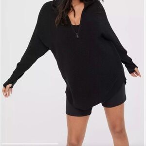 Offline By Aerie Home Stretch Quarter Zip Black Ribbed Size XS Oversized